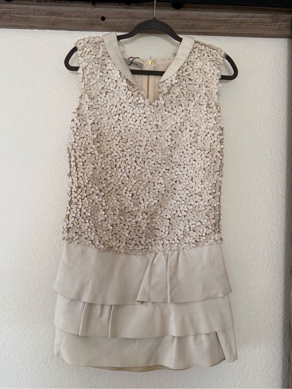 LOEWE Vintage Lamb Leather Embellished Tiered Mini Dress Ivory Size 36